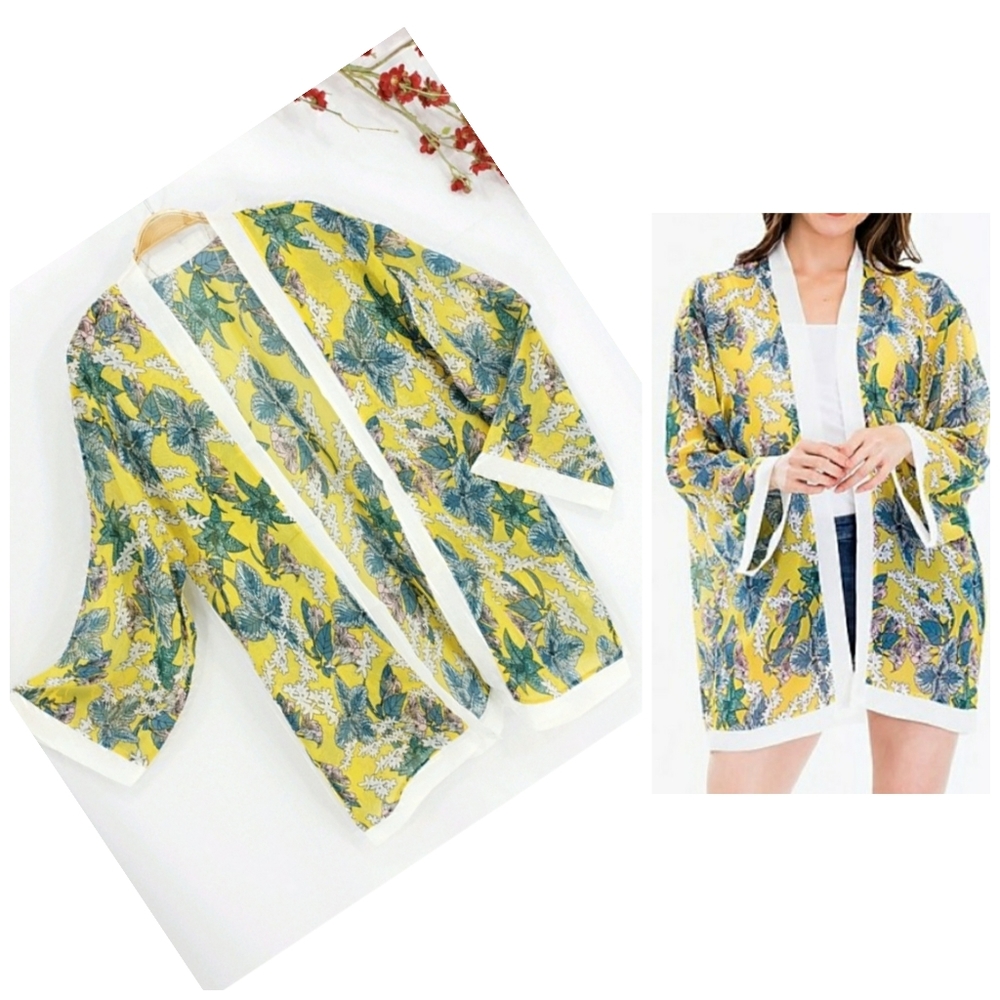 NEW Sheer Tropical Floral Yellow Kimono CoverUp